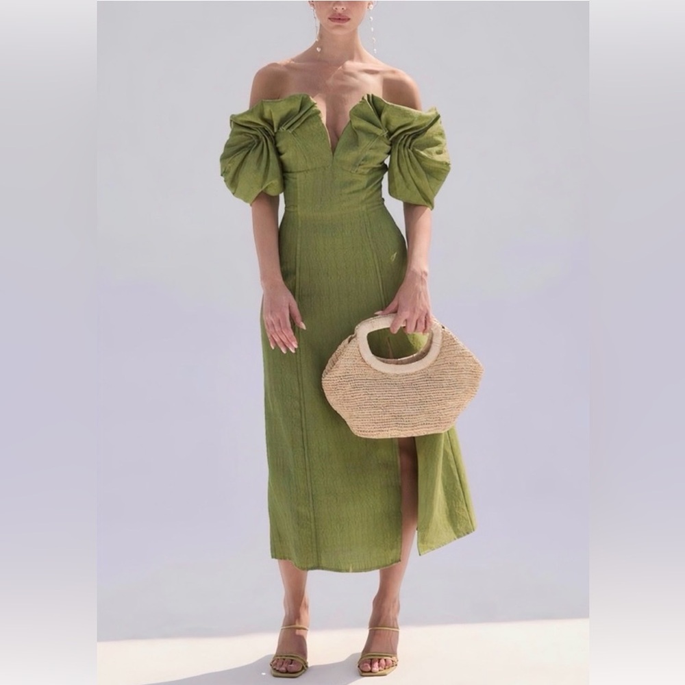 Cult Gaia Green Off-Shoulder Midi Dress